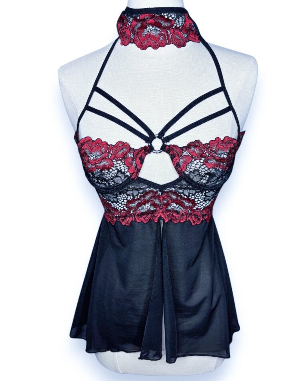 Shirley of Hollywood Sheer Red Black Lace Mesh Strappy Open Back Lingerie Size M